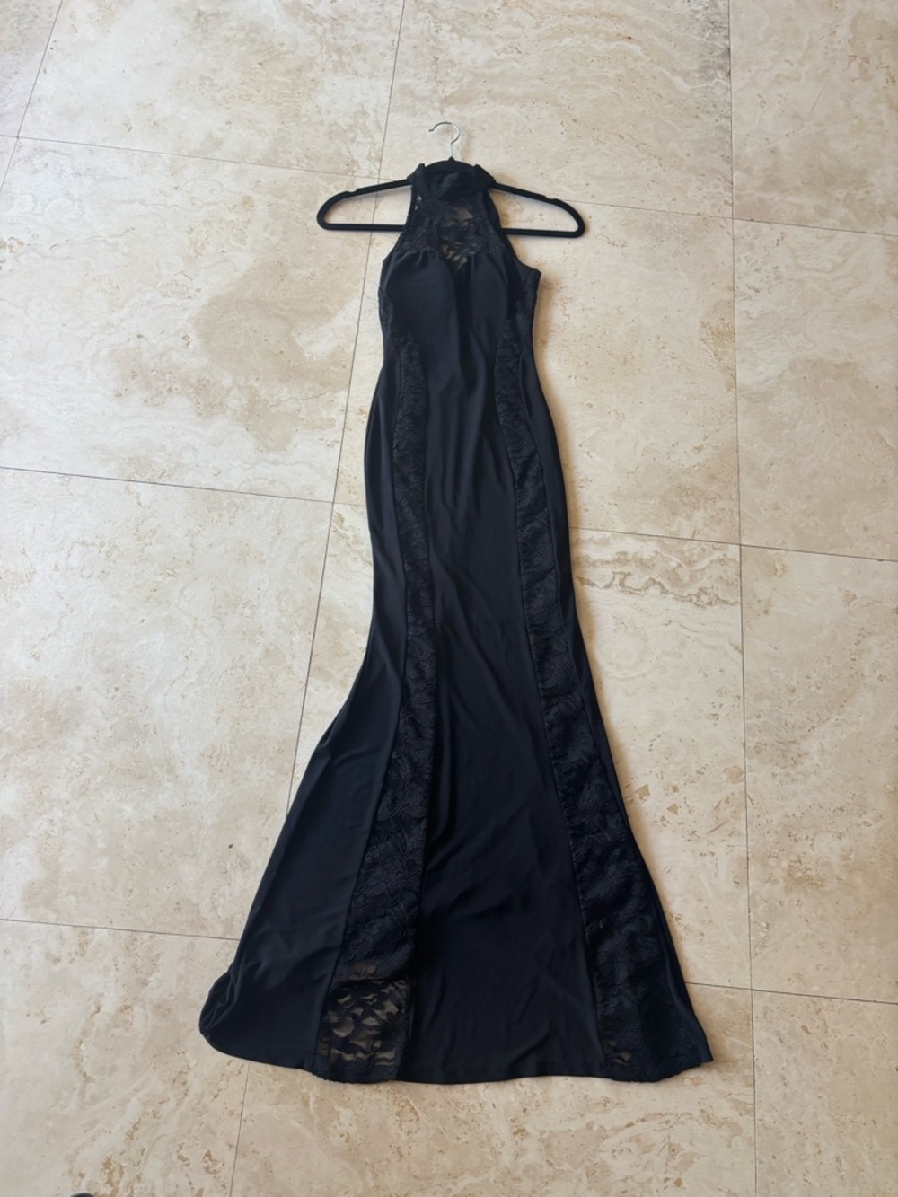 Black Lace-Inset Halter Evening Dress